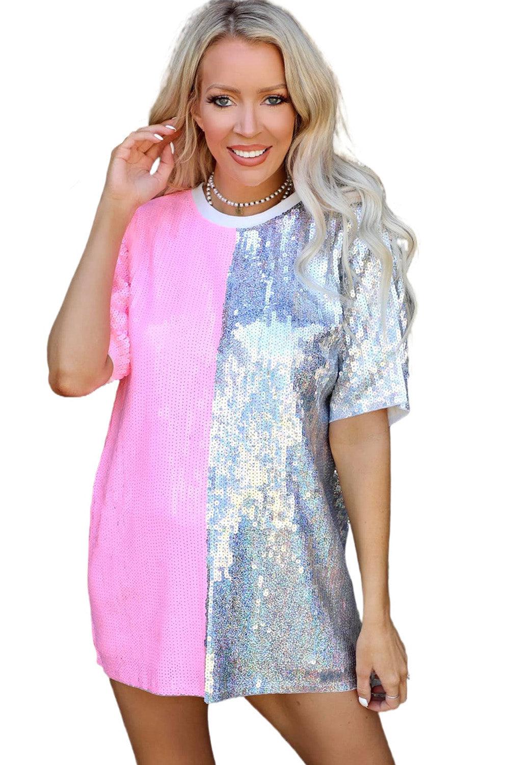 Sequin Color Block Half Sleeve Shift Mini Dress - L & M Kee, LLC