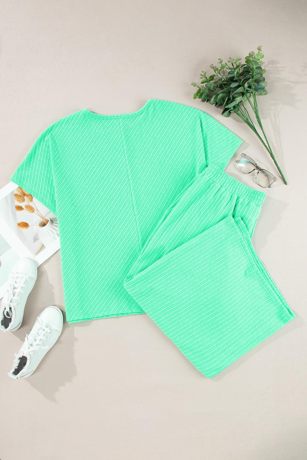 Mint Green Textured Batwing Sleeve Tee Wide Leg Pants Plus Size Set - L & M Kee, LLC