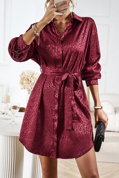 Burgundy Sleek Leopard Long Sleeve Tie Waist Shirt Dress