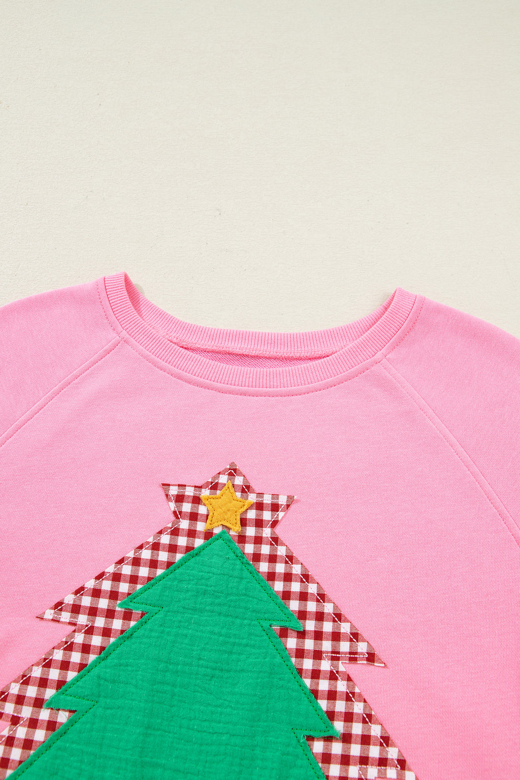 Sachet Pink Plaid Contrasted Double Christmas Tree Patched Raglan Sleeve Pullover 2pcs Short Set