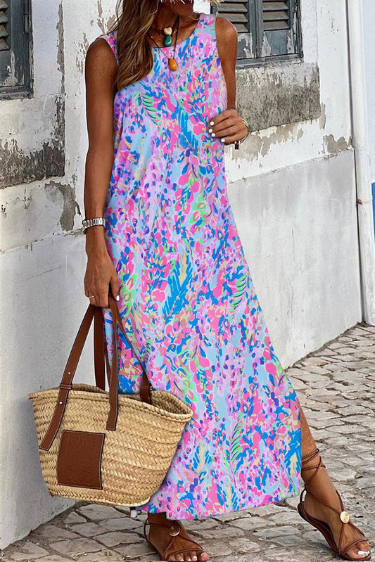 Purple Abstract Floral Print Sleeveless Maxi Dress - L & M Kee, LLC