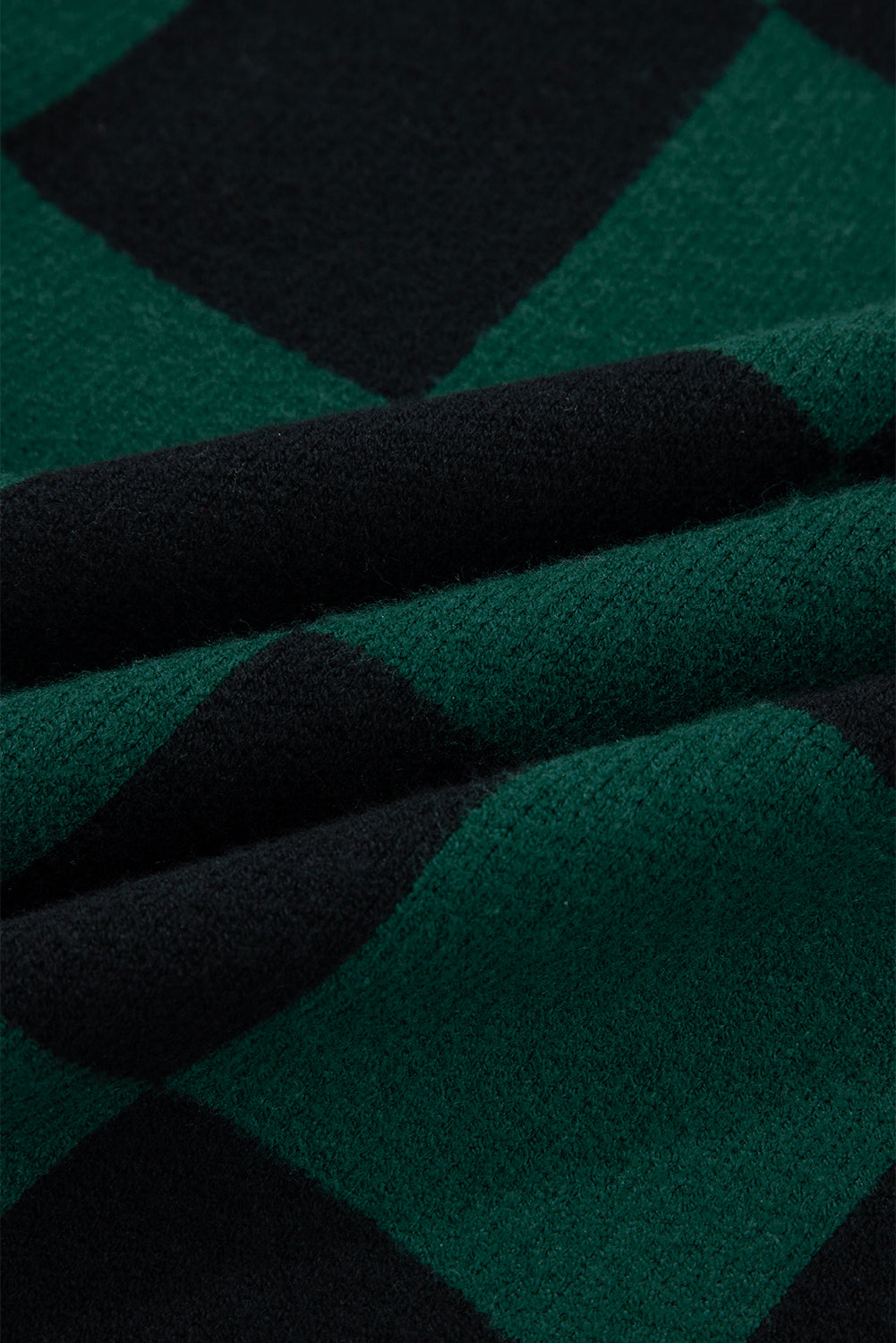 Green Checked Notched Neckline Drop Shoulder Knit Sweater