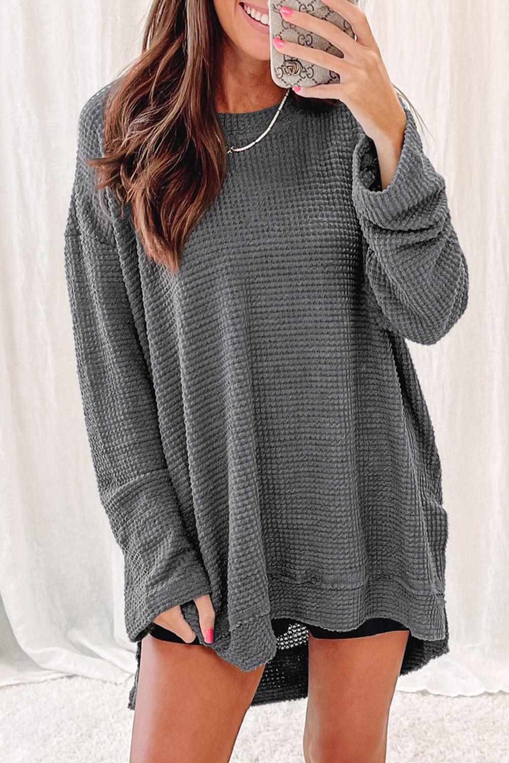 Gray Waffle Knit High Slits Oversized Top - L & M Kee, LLC