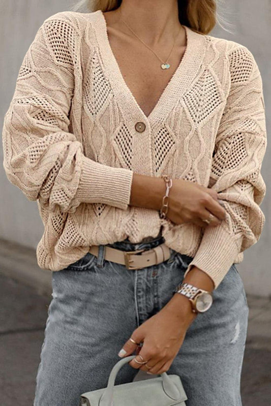 Apricot Plus Size Knitted Hollow out Button up Cardigan - L & M Kee, LLC
