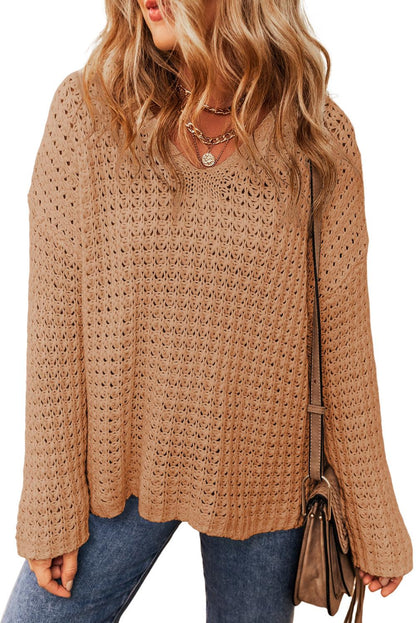 Light French Beige Hollow-out Crochet V Neck Sweater - L & M Kee, LLC