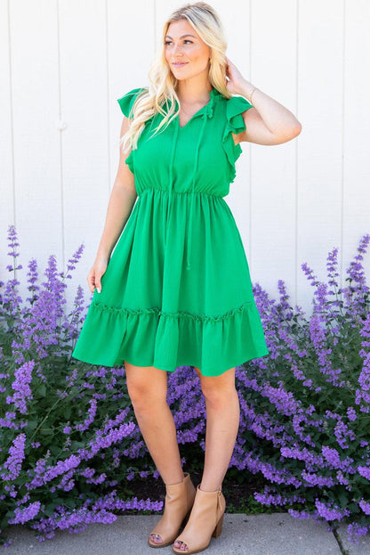 Bright Green Split V Neck Elastic Waist Ruffled Dress - L & M Kee, LLC