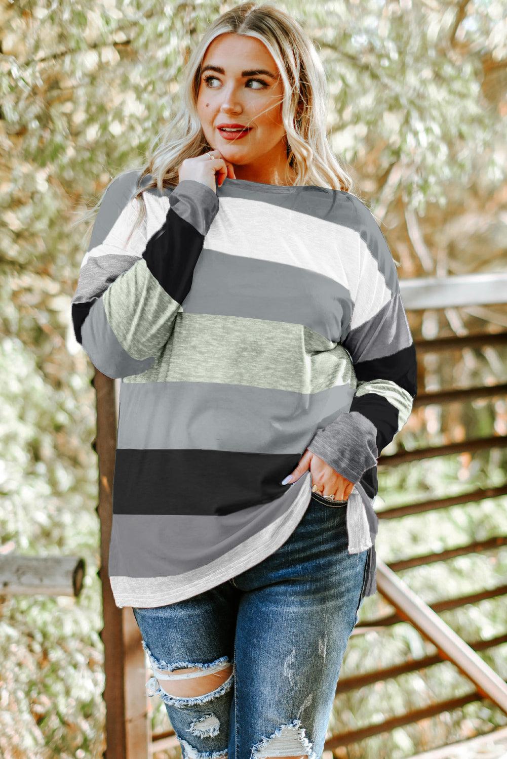 Gray Stripe Plus Size Colorblock Pullover Top - L & M Kee, LLC