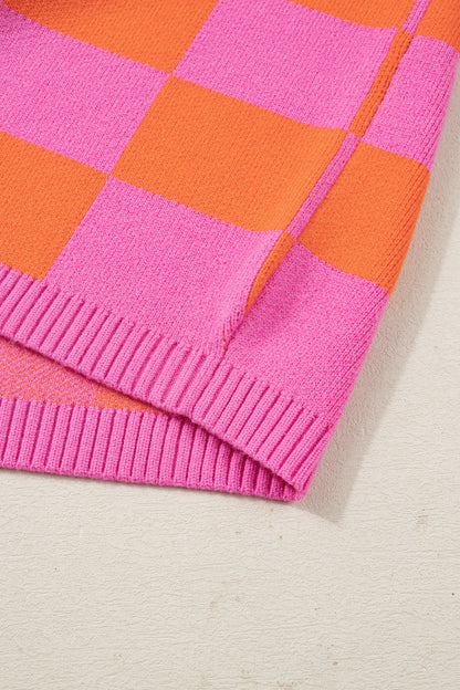 Sachet Pink Checkered Knit Polo Collar Baggy Sweater