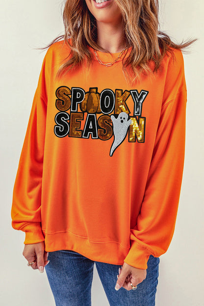 Russet Orange Sequin SPOOKY SEASON Ghost Pattern Halloween Pullover Sweatshirt