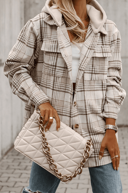 Khaki Plaid Removable Hood Buttoned Shacket - L & M Kee, LLC