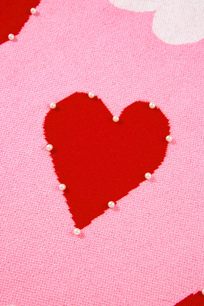 Pink Pearl Embellished Heart Pattern Valentines Day Sweater