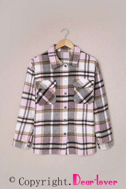 Geometric Plaid Print Pocketed Shacket - L & M Kee, LLC