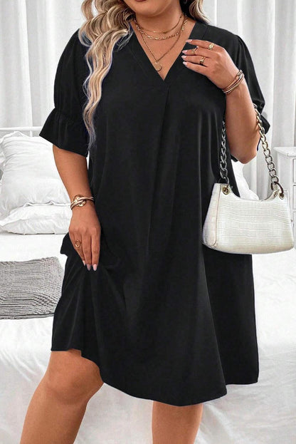 Black Solid Ruffled Puff Sleeve V Neck Plus Size Mini Dress - L & M Kee, LLC