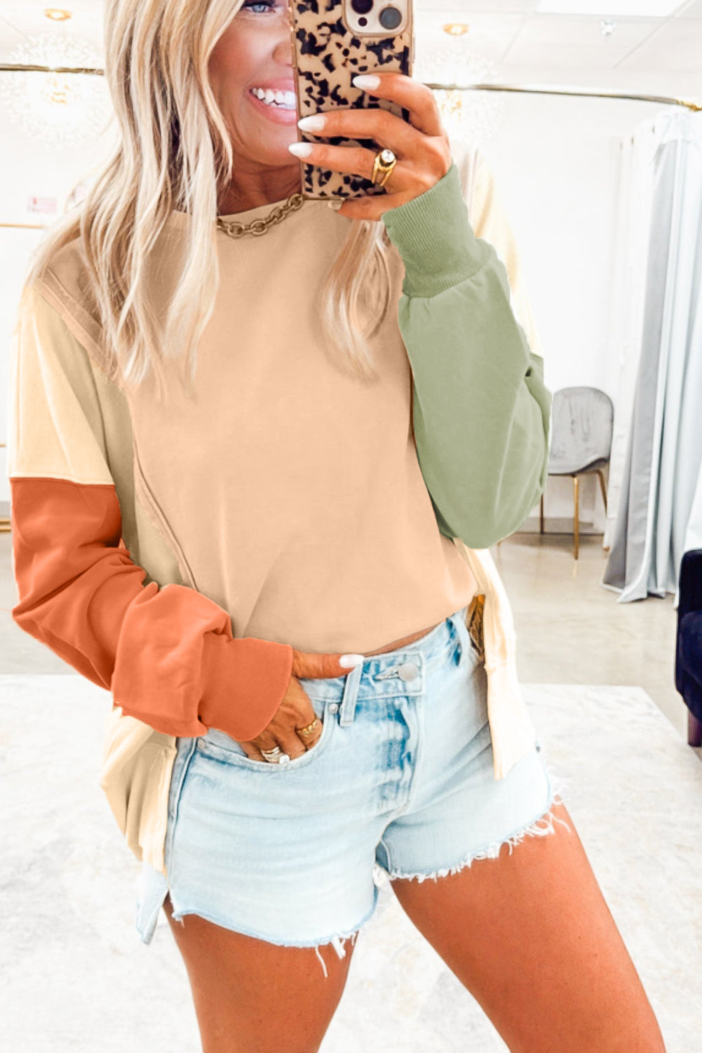 Beige Color Block Patchwork Split Hem Casual Sweatshirt