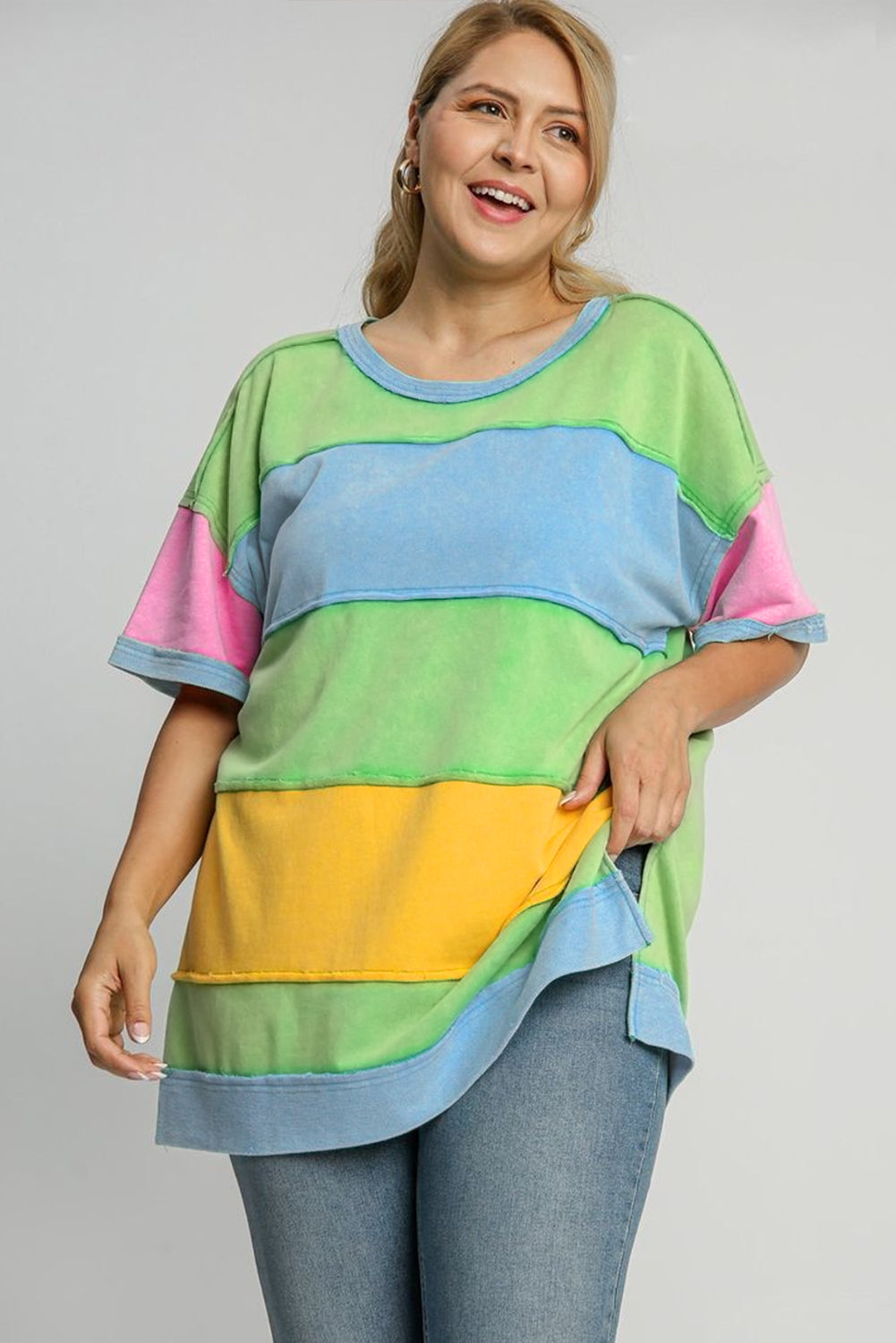 Light Blue Color Block Exposed Seam Patchwork Plus Size T Shirt