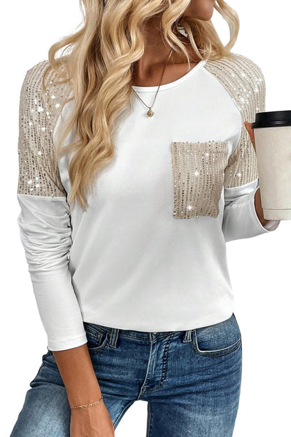 White Sequin Patch Chest Pocket Raglan Sleeve Top - L & M Kee, LLC