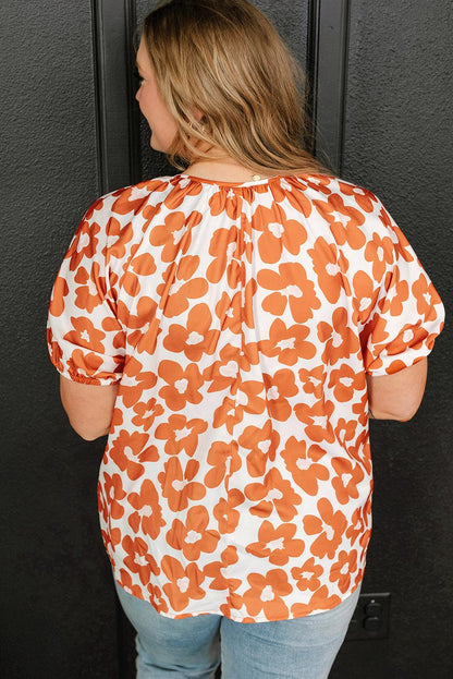 Orange Plus Size Floral Print Drawstring V Neck Short Sleeve Blouse - L & M Kee, LLC