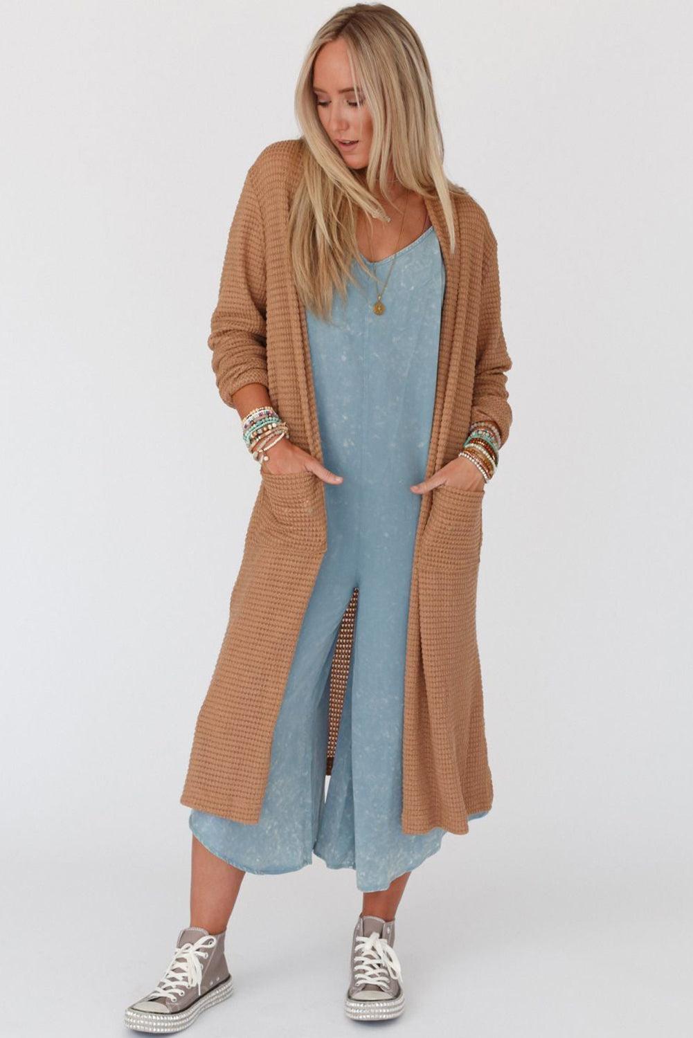 Chestnut Long Waffle Knit Cardigan with Pockets - L & M Kee, LLC