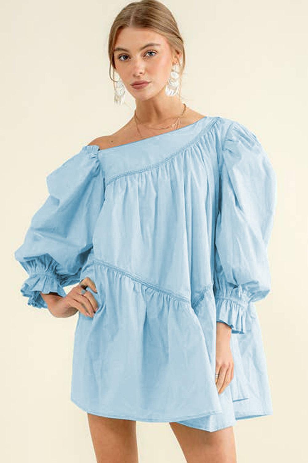 Sky Blue Exquisite Trim Puff Sleeve Asymmetric Swing Mini Dress - L & M Kee, LLC