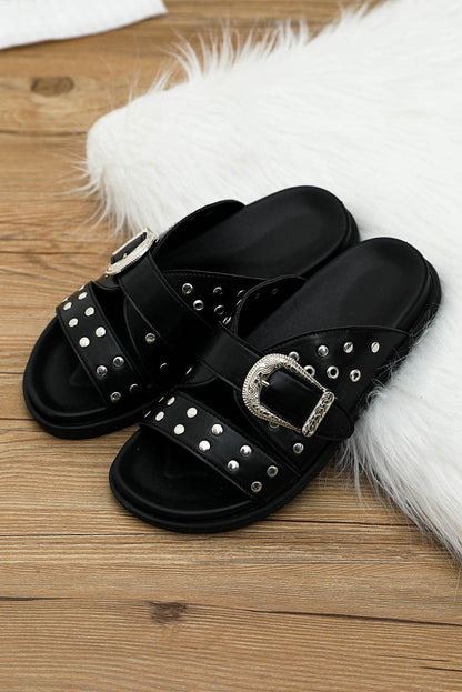 Black Retro Buckle Rivet Detail Leather Hollowed Slippers - L & M Kee, LLC