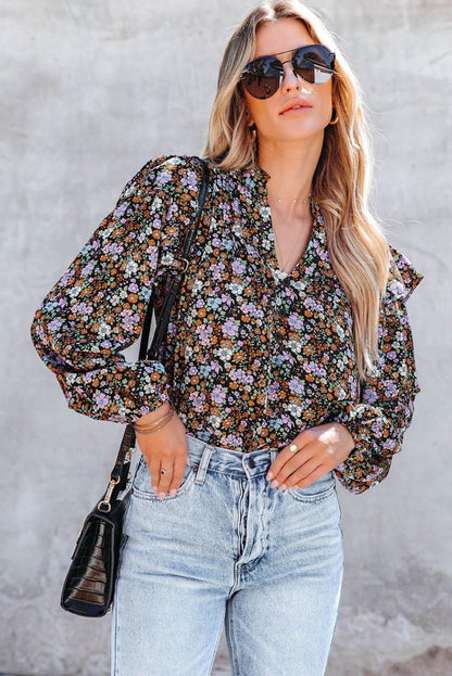 Floral Print Ruffled Bubble Sleeve Shirt - L & M Kee, LLC