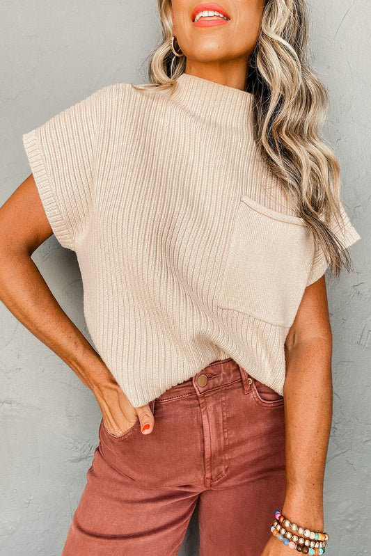 Oatmeal Patch Pocket Ribbed Knit Short Sleeve Sweater - L & M Kee, LLC