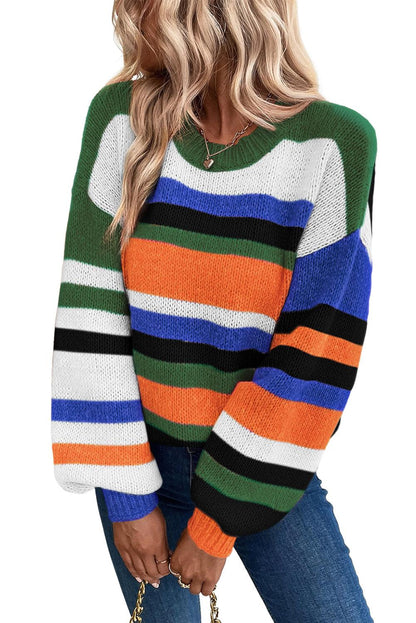 Multicolor Striped Knit Drop Shoulder Puff Sleeve Sweater - L & M Kee, LLC