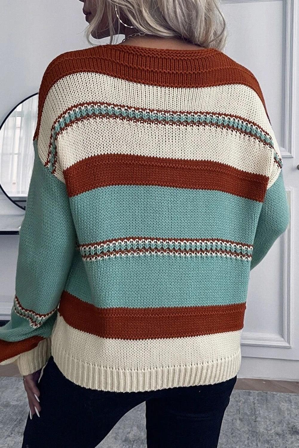 Sky Blue Striped Pattern Knit V Neck Sweater - L & M Kee, LLC