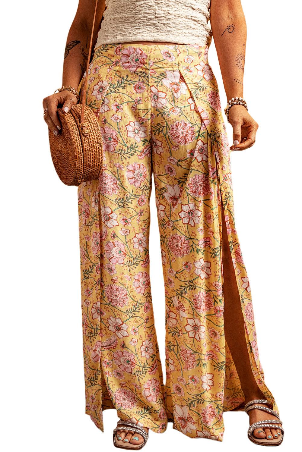 Yellow Floral Print High Slit Wide Leg Pants - L & M Kee, LLC