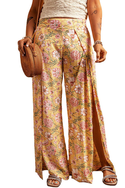 Yellow Floral Print High Slit Wide Leg Pants - L & M Kee, LLC