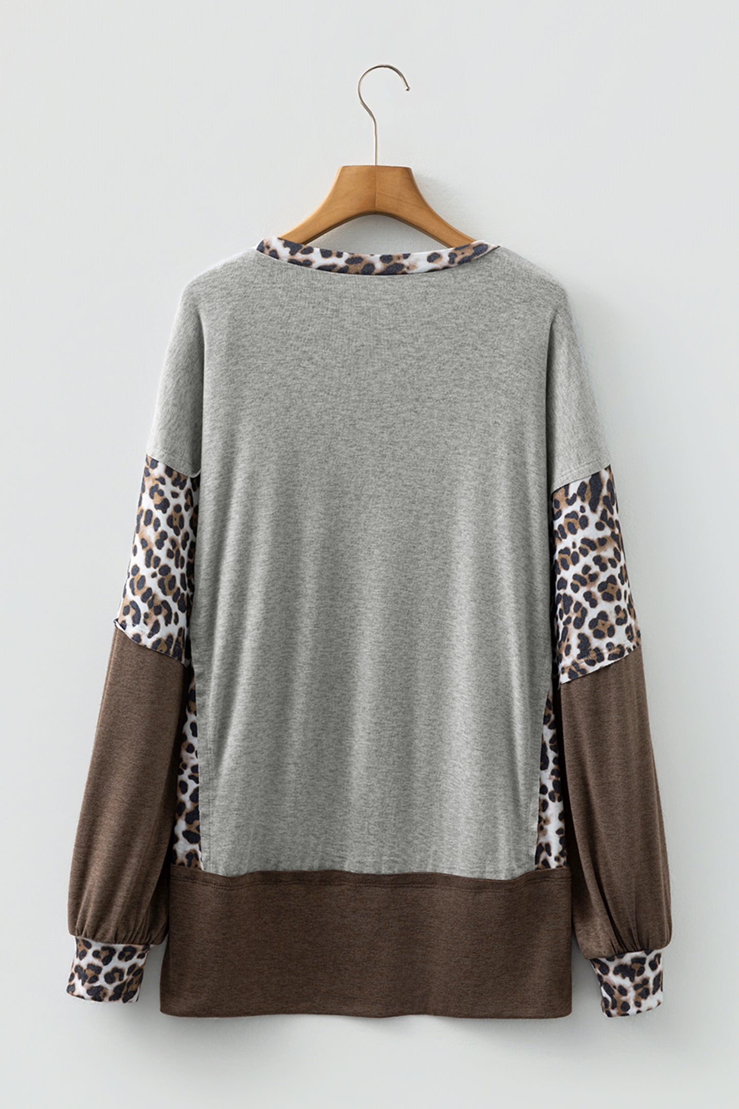 Gray Color Block Leopard Patchwork Dolman Sleeve High Low Baggy Sweatshirt