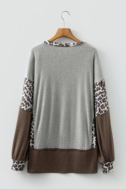 Gray Color Block Leopard Patchwork Dolman Sleeve High Low Baggy Sweatshirt