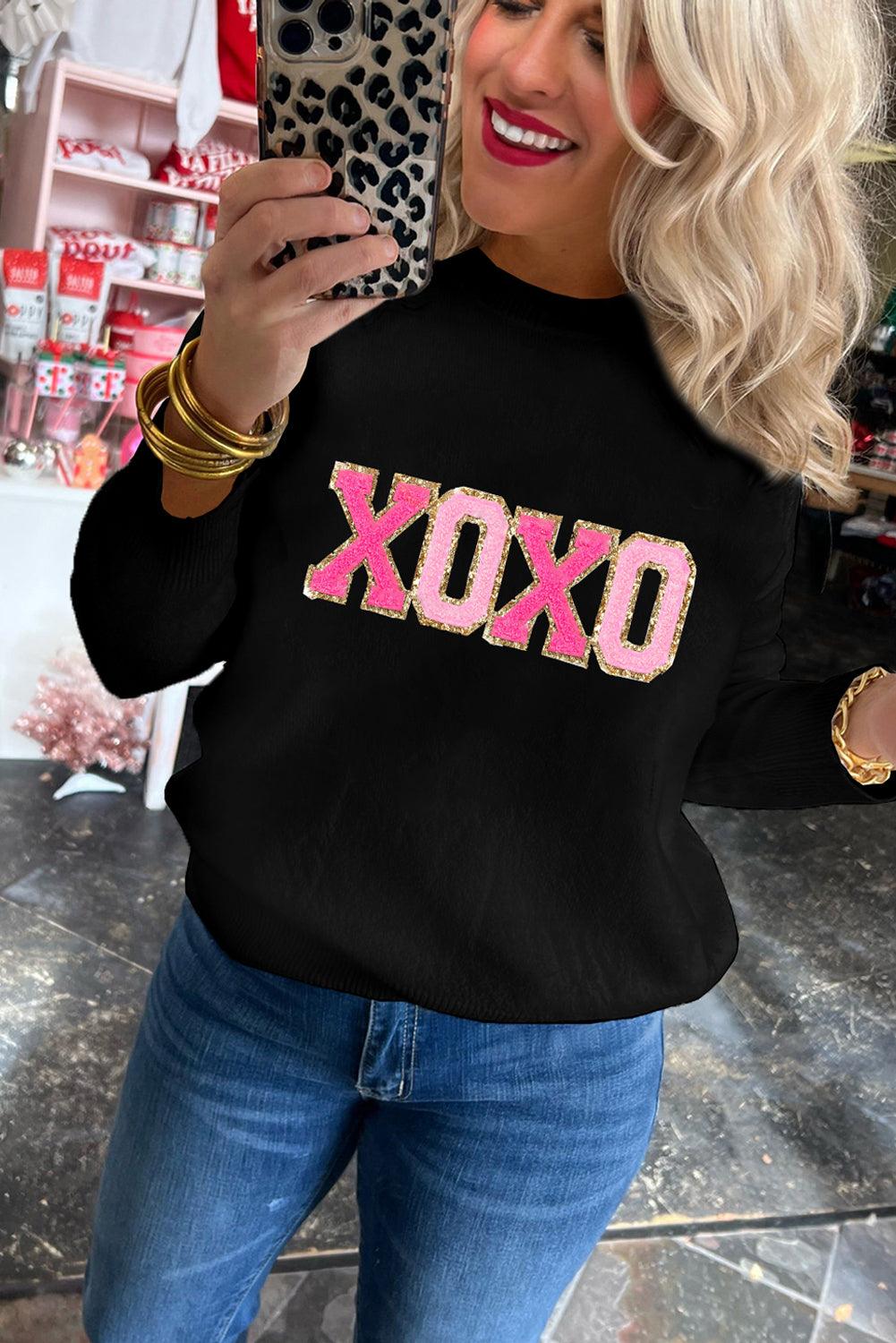 Black XOXO Glitter Print Round Neck Casual Sweater - L & M Kee, LLC