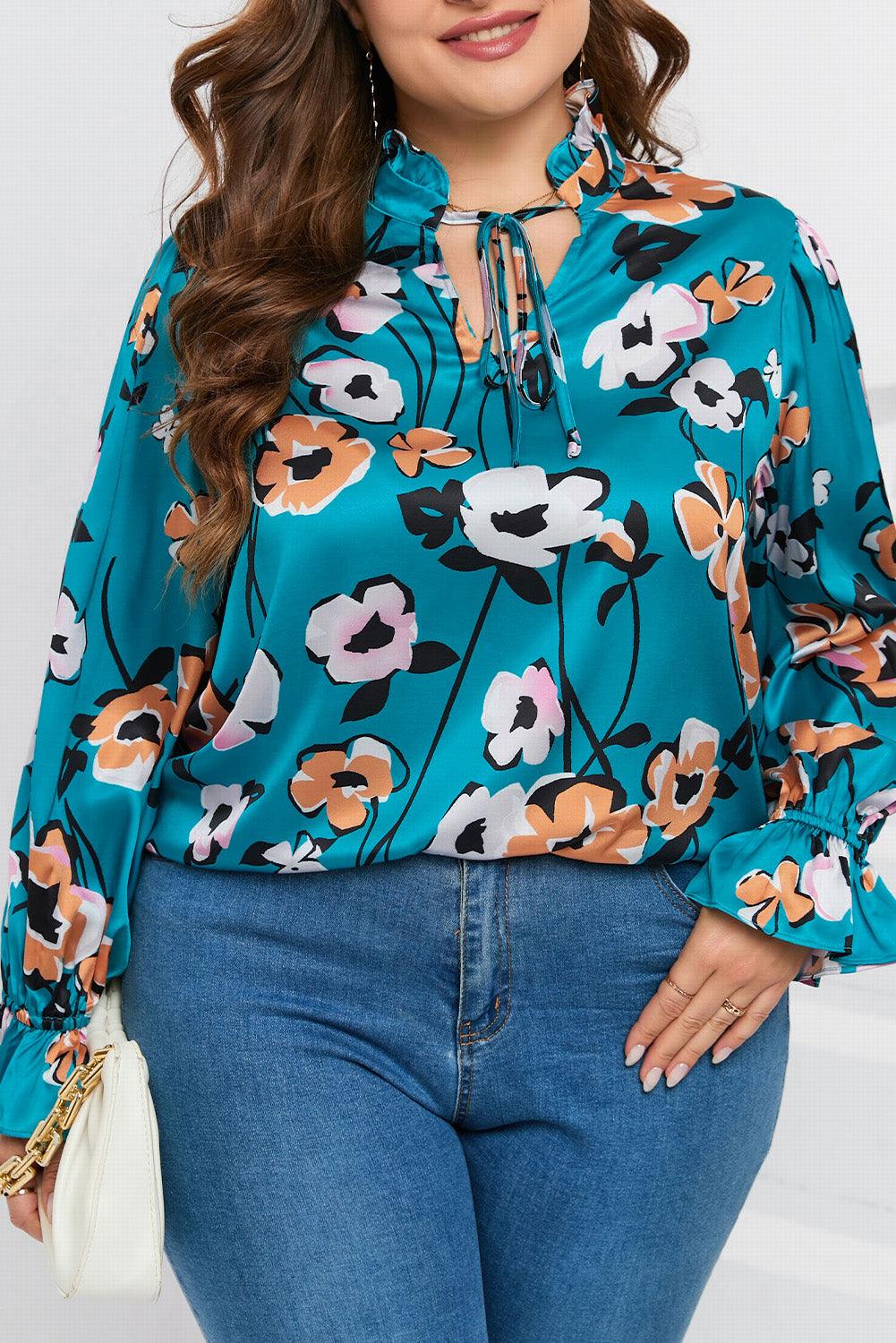 Sky Blue Floral Print V Neck Plus Size Blouse - L & M Kee, LLC