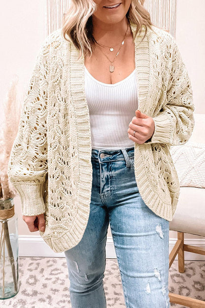 Beige Plus Size Textured Knit Open Ribbed Trim Cardigan - L & M Kee, LLC