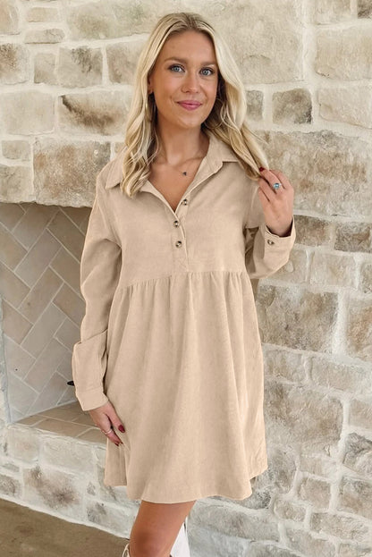 Vineyard Green Corduroy Half Button Collared Long Sleeve Mini Dress