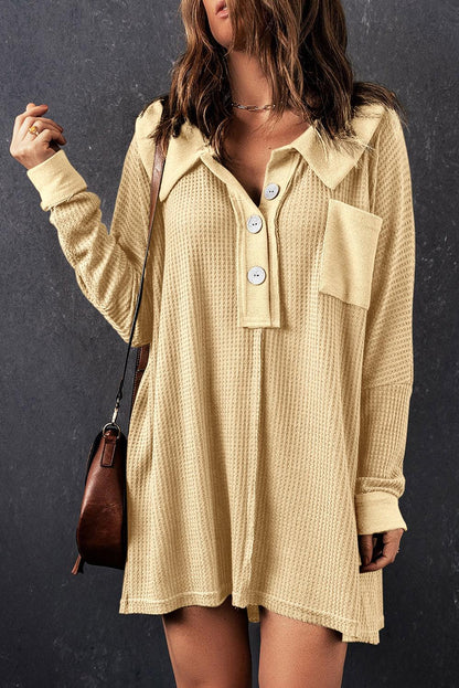 Brown Waffle Knit Buttoned Long Sleeve Top - L & M Kee, LLC