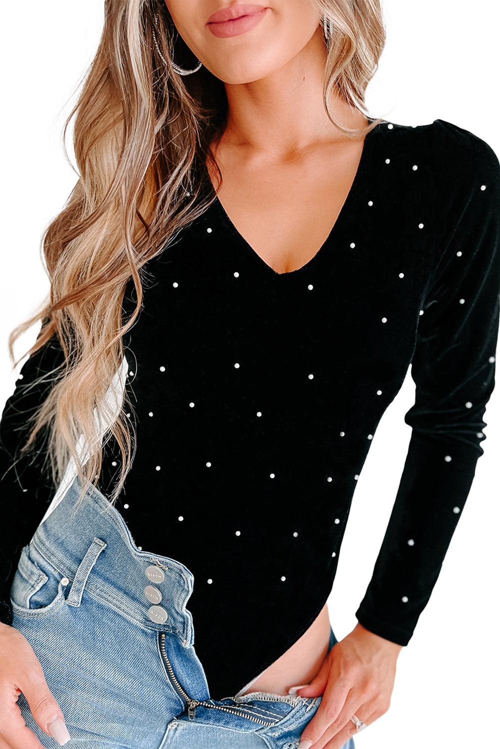 Black Velvet Beaded Long Sleeve V Neck Bodysuit - L & M Kee, LLC