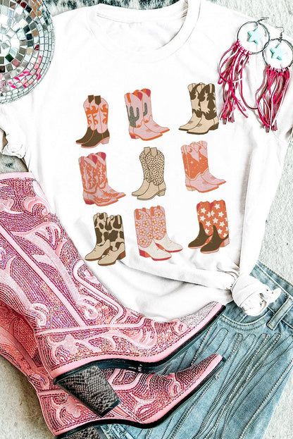 White Western Cowboy Boots Print Round Neck T Shirt - L & M Kee, LLC