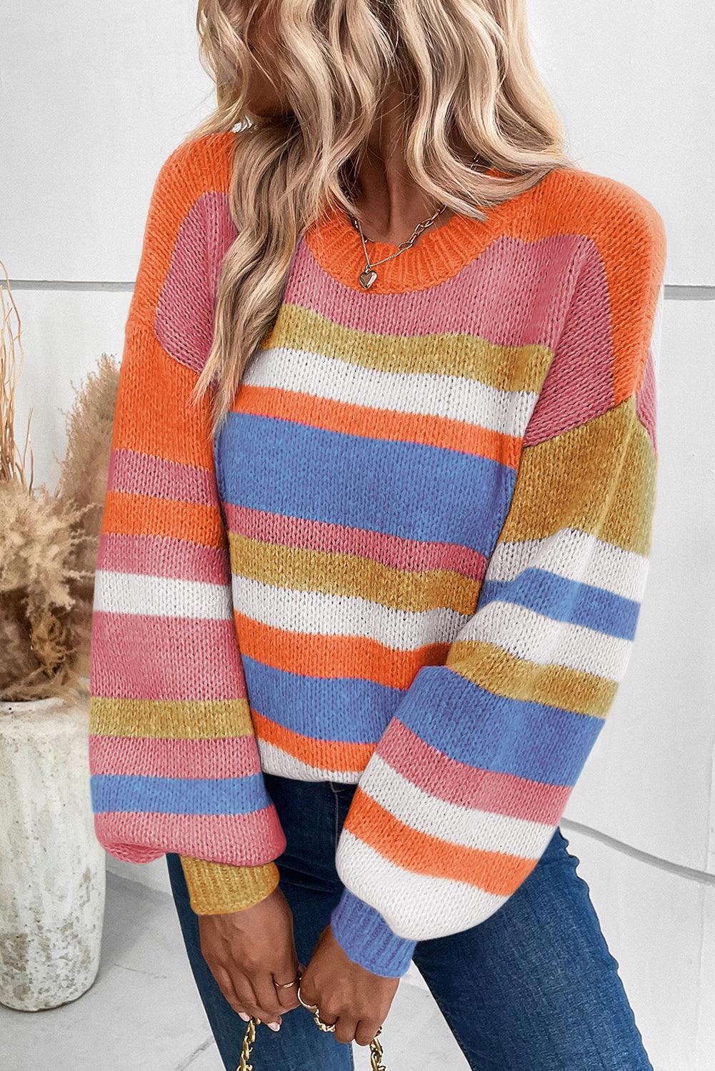 Multicolor Striped Knit Drop Shoulder Puff Sleeve Sweater - L & M Kee, LLC