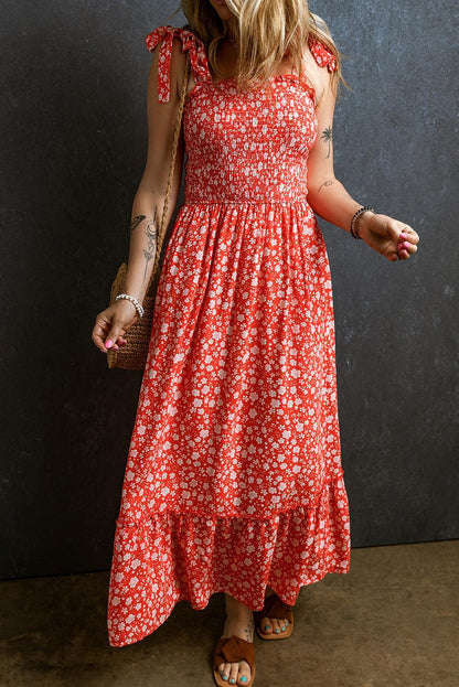 Red Boho Floral Self Tie Straps Smocked Bodice Long Dress - L & M Kee, LLC