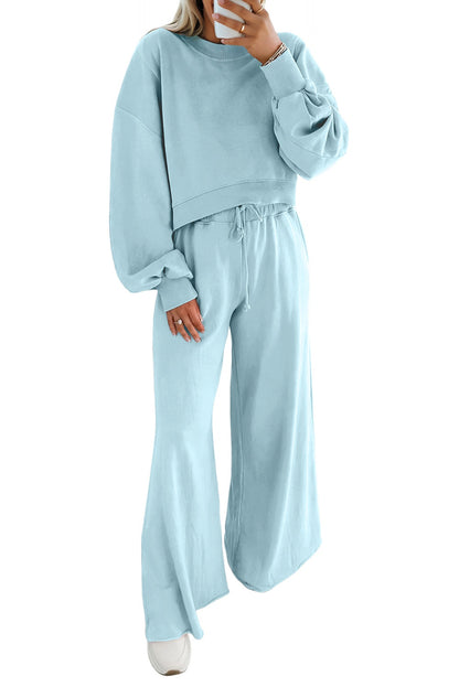 Mist Blue Drop Shoulder Puff Sleeve Crop Pullover Drawstring Wide Leg Pants Set