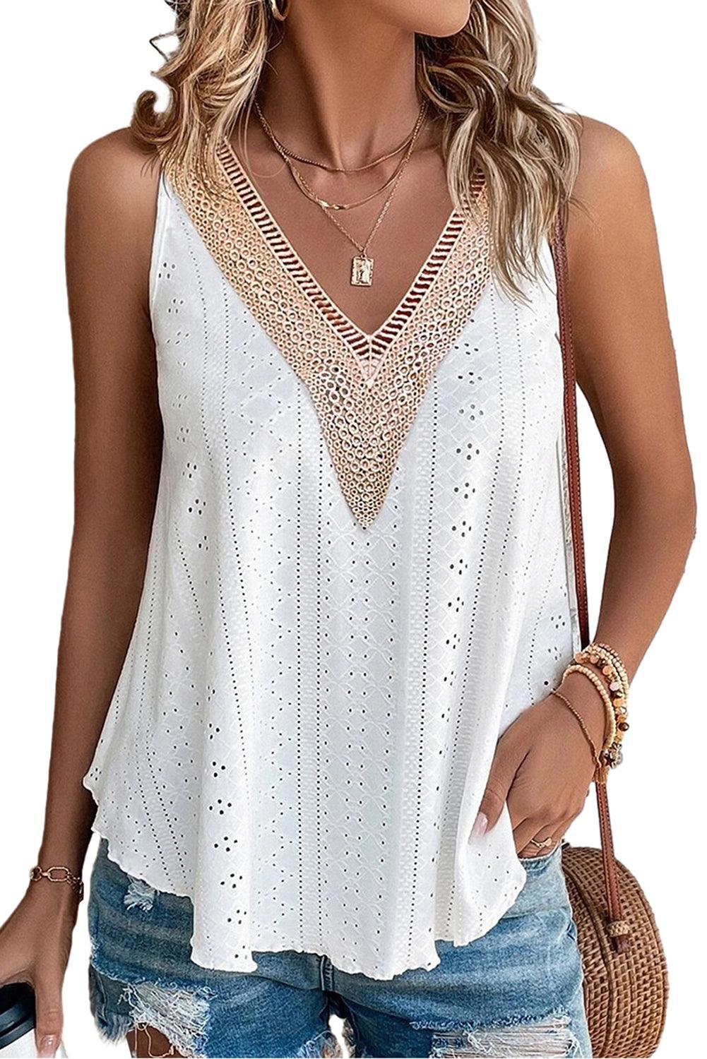 White Lace Crochet Splicing V Neck Loose Fit Tank Top - L & M Kee, LLC