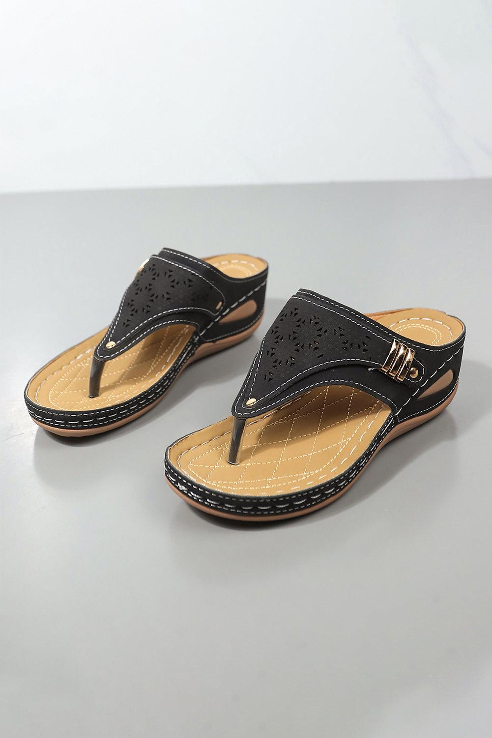 Black Hollow Out Clip Toe Wedge Slippers - L & M Kee, LLC