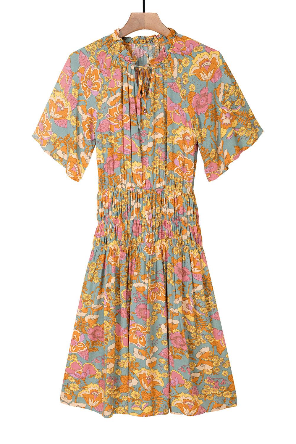 Boho Wide Sleeve Smocked Waist Floral Dress - L & M Kee, LLC