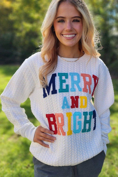 White Merry And Bright Cable Knit Pullover Sweatshirt - L & M Kee, LLC