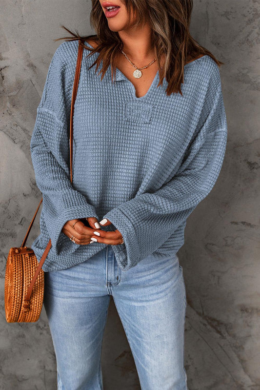 Dusk Blue Waffle Knit Loose Long Sleeve Top - L & M Kee, LLC