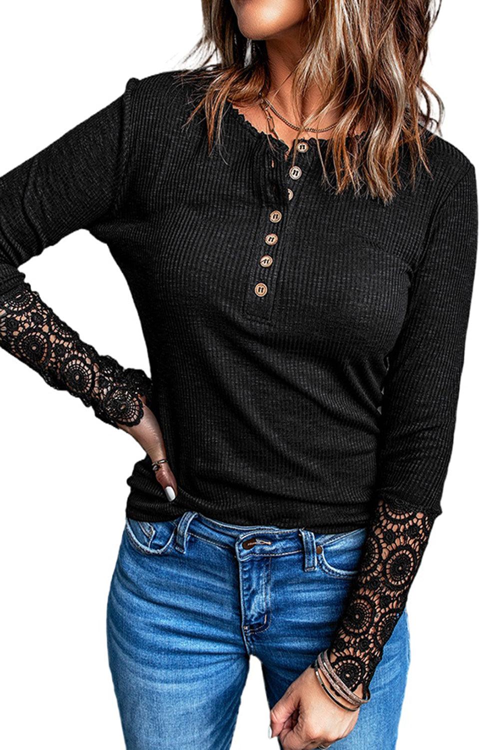 Black Crochet Lace Hem Sleeve Button Top - L & M Kee, LLC