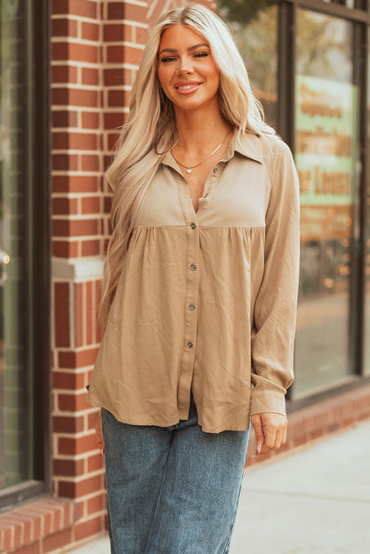 Light French Beige Waffle Patchwork Button Up Frayed Hem Shirt