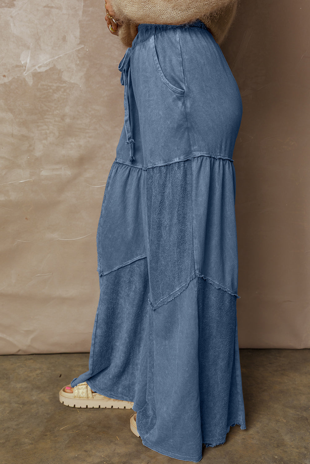 Ashleigh Blue Careys Mineral Wash Tiered Wide Leg Patchwork Drawstring Pants